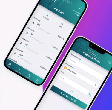 Mining Race App transactie centrum en adresbook
