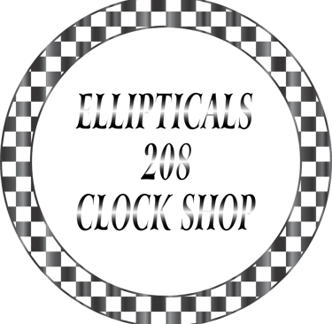 Ellipticals 208 Clock Shop logo featuring silver text inside a metallic checkered bezel.