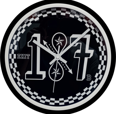 Custom black and white quartz wall clock featuring Exit 187 B logo and a checkered bezel.