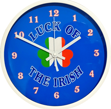 Luck of the Irish blue and white wall clock with shamrock the Ireland flag colors.
