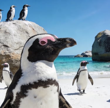 African penguins on Boulders Beach near Cape Town with turquoise water and granite boulders.