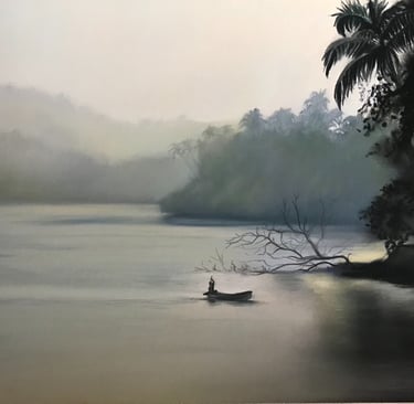 Soft pastel fine art landscape painting of a misty river with a lone boat beneath palm trees.