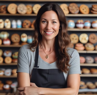 Photo of a cheerful man in casual business attire standing in front of a colorful mural