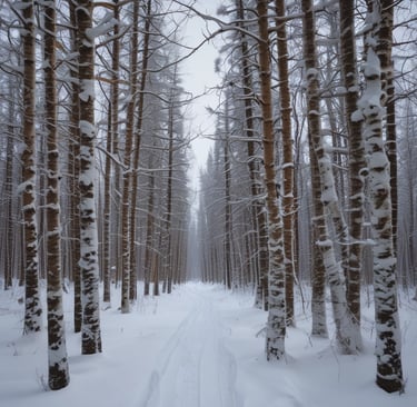 A narrow snow-covered trail winds through a dense forest with trees coated in thick winter frost.