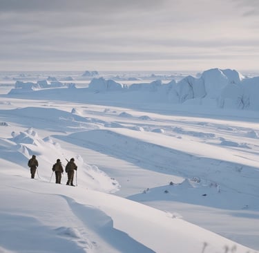 Military soldiers on an arctic expedition trekking through a snowy landscape with icebergs.