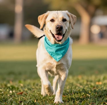 Un alegre labrador amarillo corriendo sobre hierba verde con un pañuelo azul para perros.