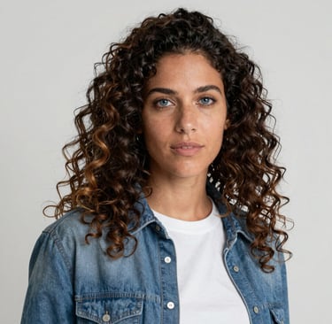 a dark-haired woman from Argentina with curly hair and dark blue eyes, dressed in casual clothes