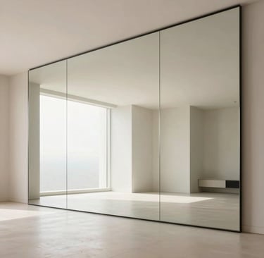 Un miroir grande dimension sans cadre posé sur un mur complet pour doubler visuellement la surface d