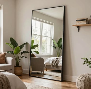 Miroir grande dimension avec cadre noir fin placé face à une fenêtre pour redistribuer la clarté 