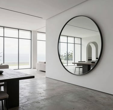A modern architectural mirror installation featuring PMMA and dibond materials in a chic hallway.