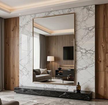 Miroir grande dimension avec cadre doré élégant installé sur un mur en marbre comme élément central 