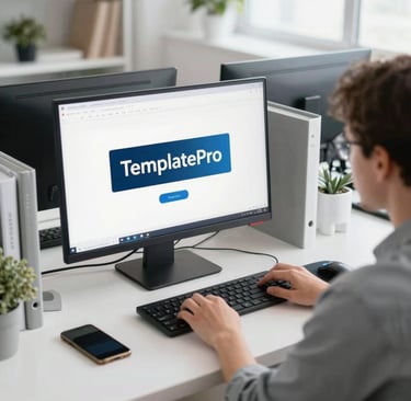Close-up of hands typing on a keyboard with a printed business template beside a coffee cup.