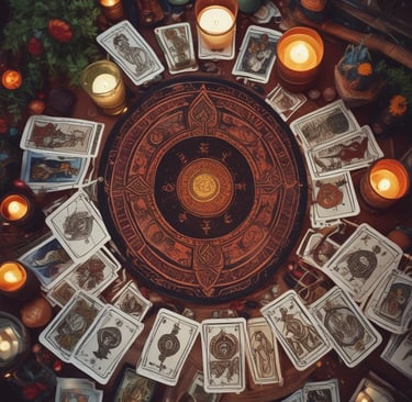 A serene cosmic background with glowing tarot cards and twinkling stars surrounding a glowing golden contact icon.