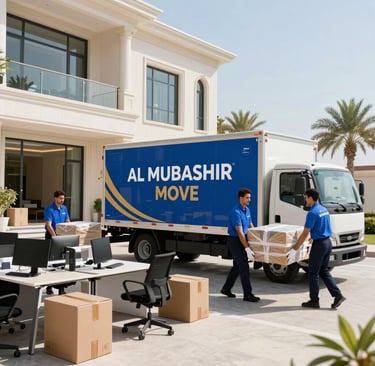 Ultra-realistic professional image of "AL MUBASHIR MOVE" team handling an office relocation. Movers 