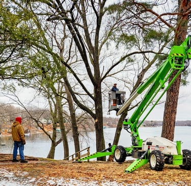 Professional arborists using a green Niftylift on Lake Minnetonka.