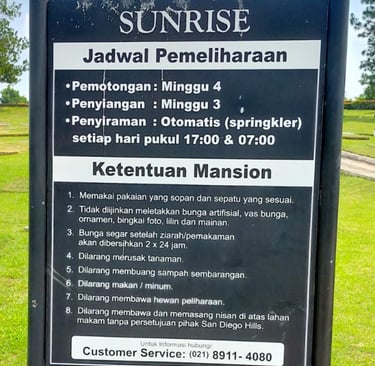 Plang Informasi Jadwal Pemeliharaan Tanaman, rumput Rutin di Mansion San Diego Hills