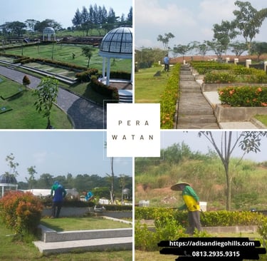 Petugas kebersihan sedang melakukan pemeliharaan rumput dan penyiraman taman secara rutin