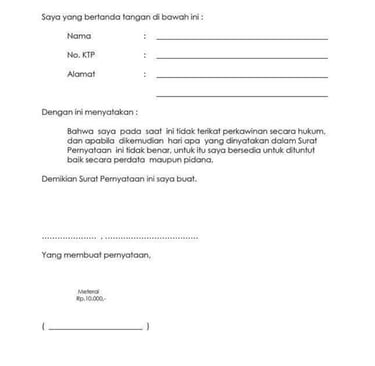 Contoh surat pernyataan pemilik lahan makam San Diego Hills dengan meterai, apabila masih lajang