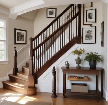 A warm living room featuring antique wooden furniture with soft, neutral-toned upholstery and classic British decor accents.