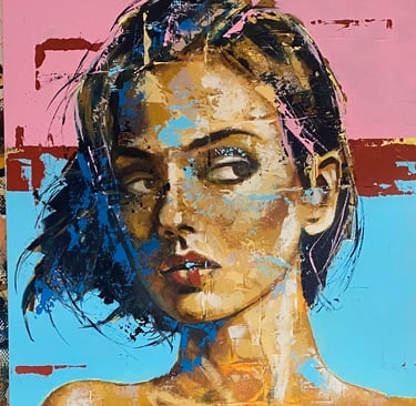 vrouw blauw/rose 100 x100 cm.