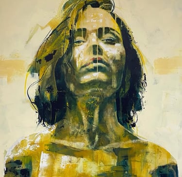 vrouw oker 100x 100 cm.