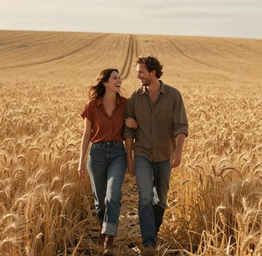 A cinematic, wide-angle photography shot of a couple laughing authentically while walking through a sun-drenched wheat field in the North American / US Midwest. The lighting is warm and golden hour, with soft sand and terracotta tones visible in their casual attire. The atmosphere is genuine and storytelling-focused.