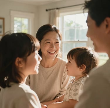 A close-up, lifestyle photography shot of a family sharing a candid moment of joy in a bright, North American / US home. Warm, natural sunlight streams through a window, highlighting soft sand-colored textures and authentic expressions. The composition is cinematic and intimate, focusing on the connection between people.