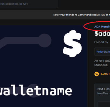 Screenshot of Certified ADA Handle NFT listing on jpg.store marketplace for the Cardano blockchain.