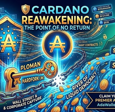 Cardano cryptocurrency illustration featuring the ADA symbol, smart contracts, and the River of Liquid Democracy.