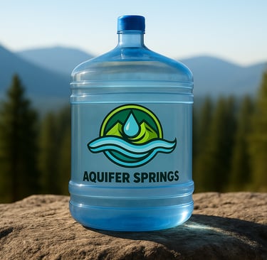 Aquifer Springs 18.9L jug on a rock in nature with trees, mountains, and sky behind.
