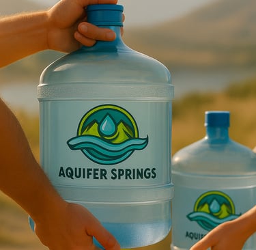 Two people exchanging an Aquifer Springs water jug outdoors in warm natural light.