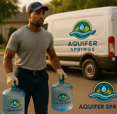 Aquifer Springs delivery man carrying two branded water jugs beside company van.