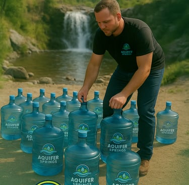 Twenty Aquifer Springs jugs and a man in branded shirt beside a waterfall, forest, and mountains