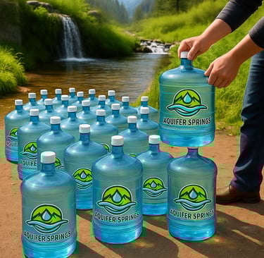 Thirty Aquifer Springs jugs with a man’s arms and leg by a waterfall, mountains, trees, and greenery