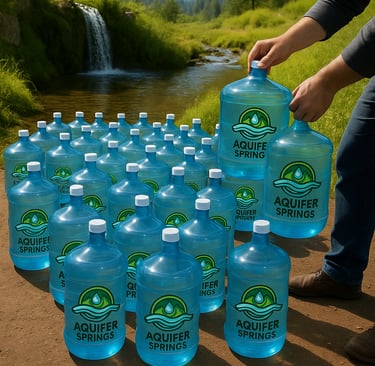 Fifty Aquifer Springs jugs with logo, man’s arms and leg, by waterfall, mountains, trees, and greene