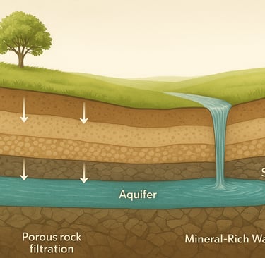 Aquifer diagram showing water filtered through rock to surface spring, mineral-rich water