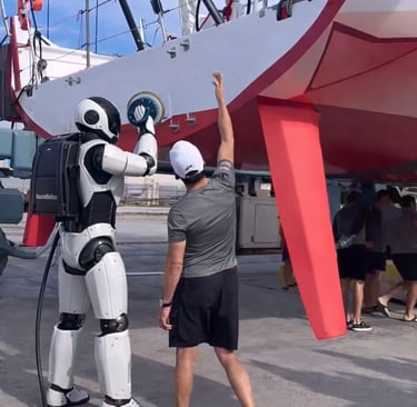 robotic system performing hull polishing on yacht  in shipyard