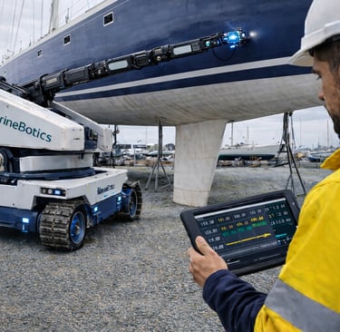 robot inspecting thickness measurements vessel hull in shipyard