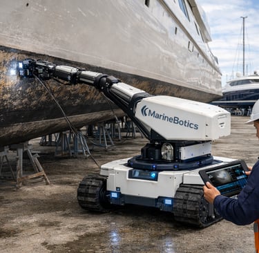 robot inspecting aumented reality vessel hull in shipyard