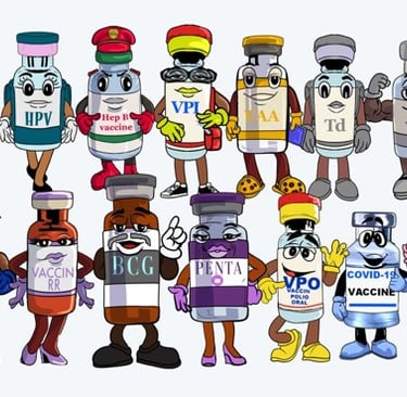 Cartoon illustration of vaccine vials as diverse characters representing different immunizations l