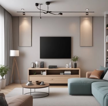 After photo showing the same living room transformed with modern minimalist interior design and warm lighting.