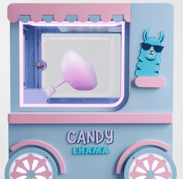 Máquina automática de algodão doce rosa em formato de carrinho de lhama azul com um algodão doce