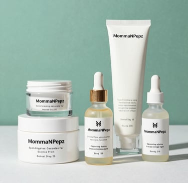 A close-up of delicate skincare products arranged artfully with soft, natural lighting highlighting creams and serums.