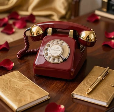 Elegant gold and red themed contact desk with a vintage telephone and fresh flowers.