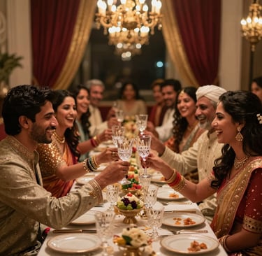 An intimate candid shot capturing genuine smiles and the sparkle of crystal glasses at night.