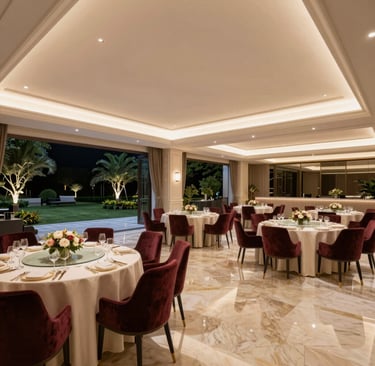 An elegant dessert table featuring gold-trimmed cakes and red velvet pastries, styled with fresh flowers.