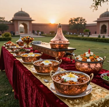 The glowing sunset casting warm light over the palace garden backdrop behind the catering setup.