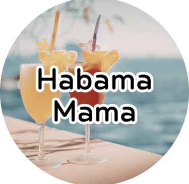 Two tropical cocktails by the water with text reading Habama Mama, capturing a sunny, summery fragrance vibe. 