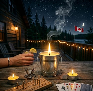Lit bucket candle smoking on a cabin porch at night beside tea lights, playing cards, cribbage, and Canadian flag. 