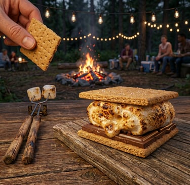 Giant toasted s'more on a wooden board at a campsite near a crackling bonfire with string lights overhead. 